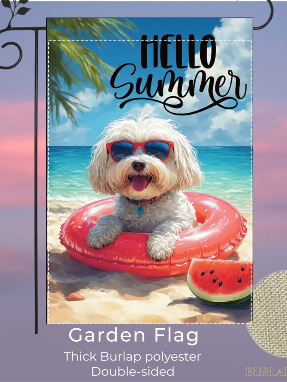 Hello Summer Maltese Dog Burlap Garden Flag approximately 12x18 inch